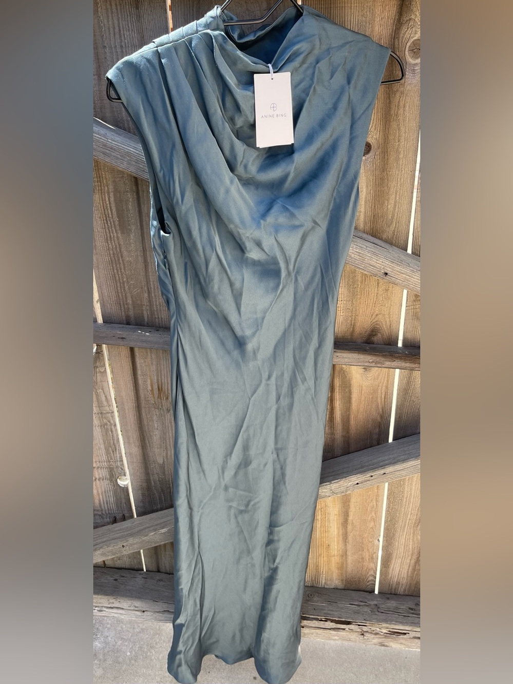 ANINE BING Samantha Dress Steel Blue 100% Silk Satin Mock Neck Bias Cut Size S - Picture 6 of 16